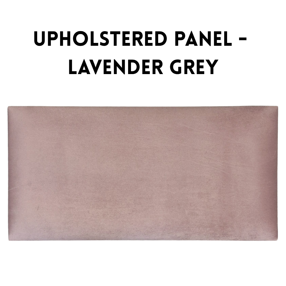 Upholstered wall panel in lavender grey, 600x300mm, with velvet finish and UV-resistant surface.