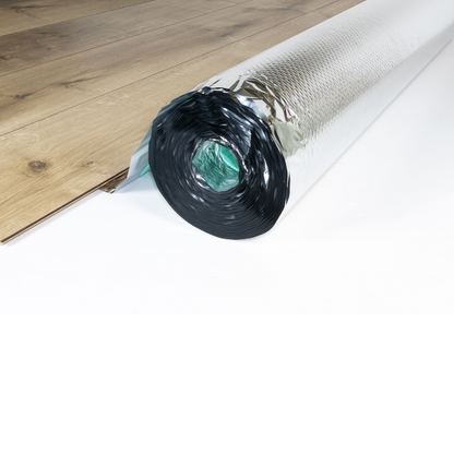 2mm XPS roll underlay with aluminum membrane, covers 16.5m², enhanced moisture barrier and thermal reflection for superior insulation