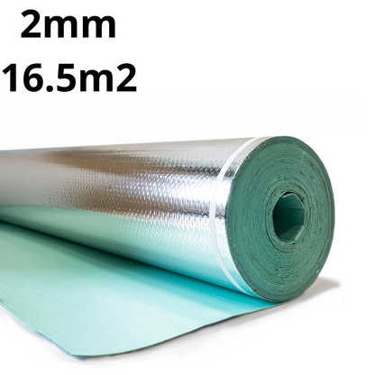 2mm XPS roll underlay with aluminum membrane, covers 16.5m², enhanced moisture barrier and thermal reflection for superior insulation