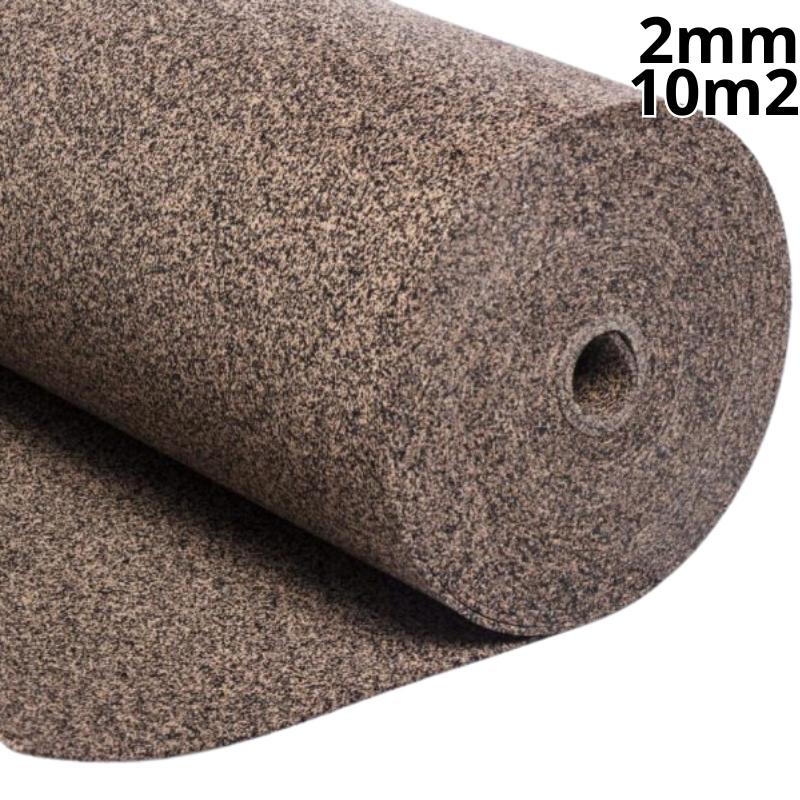 2mm rubber cork underlay covering 10m², combines durability of rubber with thermal and acoustic properties of cork for superior floor performance