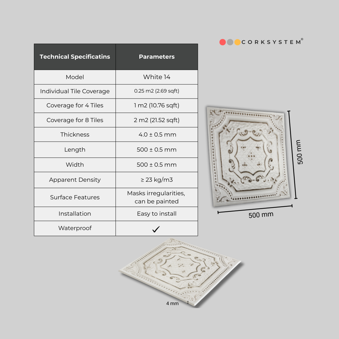 Decorative ceiling and wall panels White 14, 2m2 set with 8 lightweight panels, textured 3D design for interior decoration