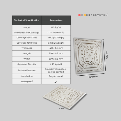 Decorative ceiling and wall panels White 14, 2m2 set with 8 lightweight panels, textured 3D design for interior decoration