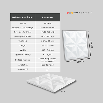 White 12 3D: Decorative Ceiling & Wall Panels - 2m2 (21.52 sqft) - 8 Panels