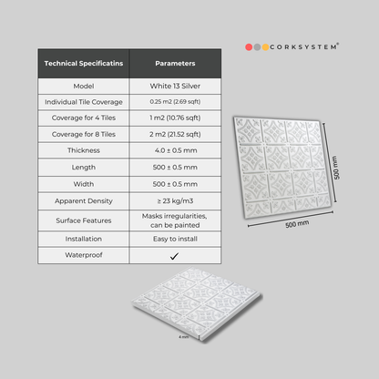 White 13 (Silver): Decorative Ceiling & Wall Panels - 2m2 (21.52 sqft) - 8 Panels
